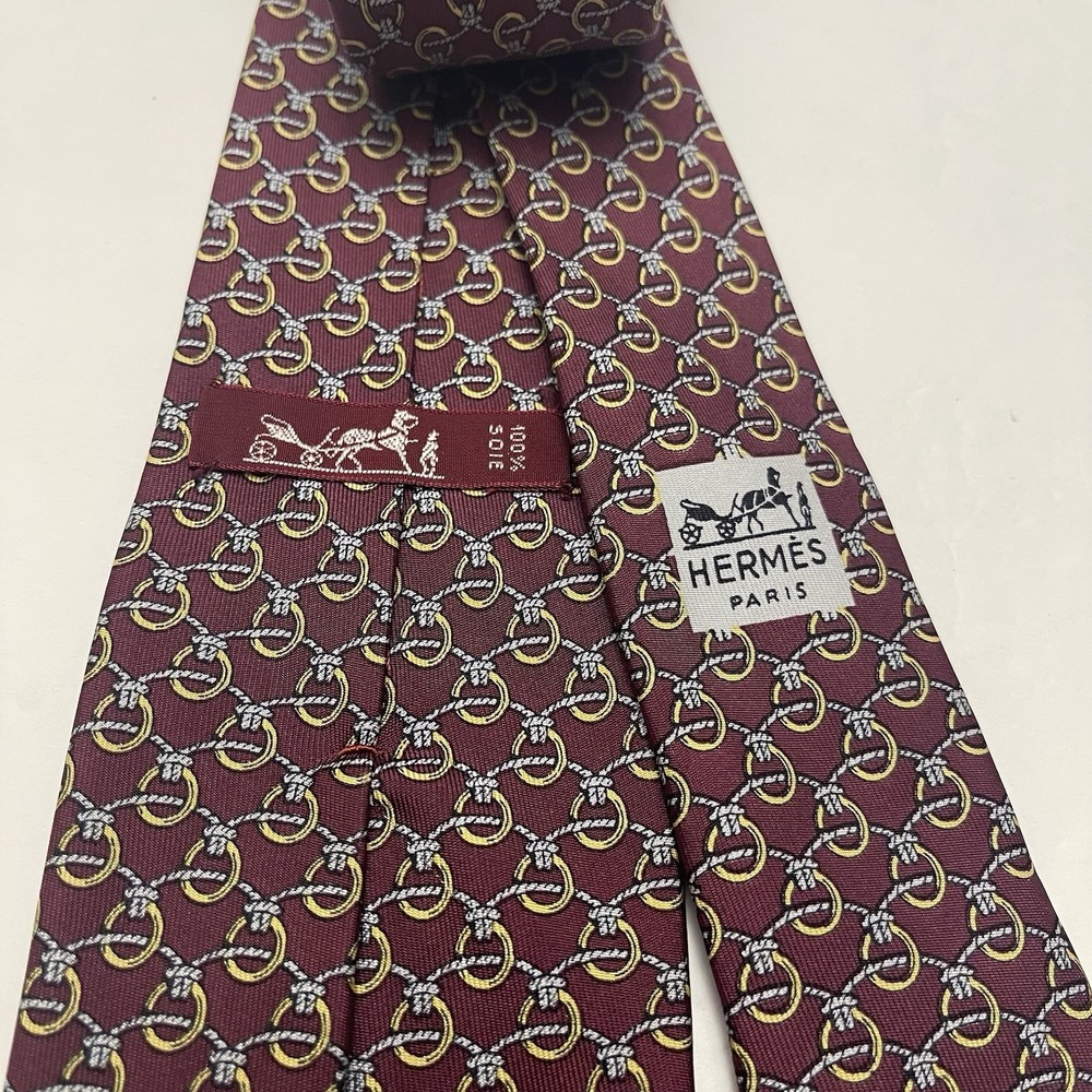 Hermes Men's Tie Rope Rings Burgundy Gray 100% Silk 784 MA 3" x 55" France - Picture 3 of 4
